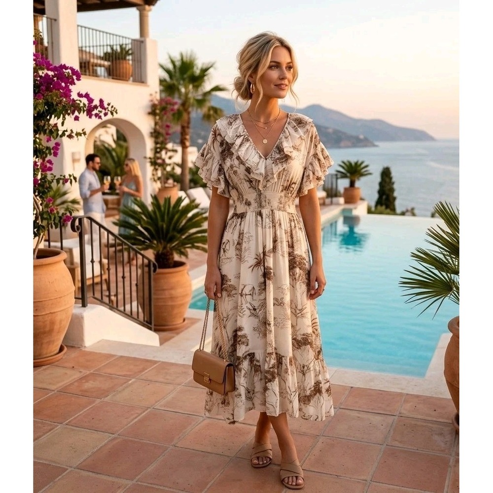 New $450 Sandro Paris Brown Toile de Jouy Ruffle Midi Dress Smocked Waist 36 S
